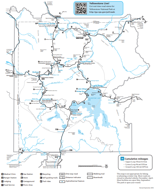 Map of hiking in Yellowstone National Park, Wyoming