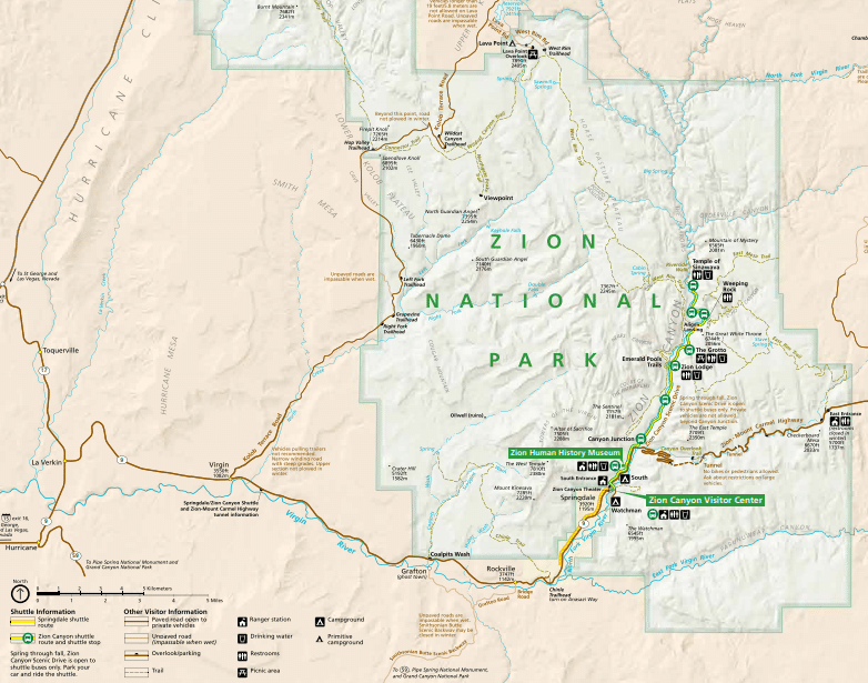 Map of hiking in Zion National Park, Utah