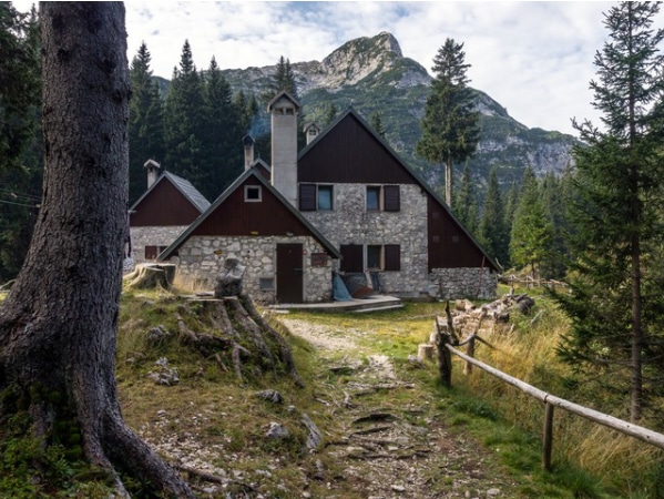 The Krn Lakes Hut is on the Battlefield of Mount Krn trail in Julian Alps, Slovenia