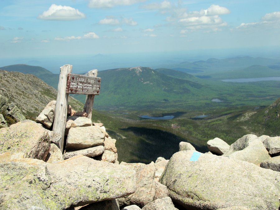 Saddle Trail guidepost on Mt. Katahdin in Baxter State Park, Maine