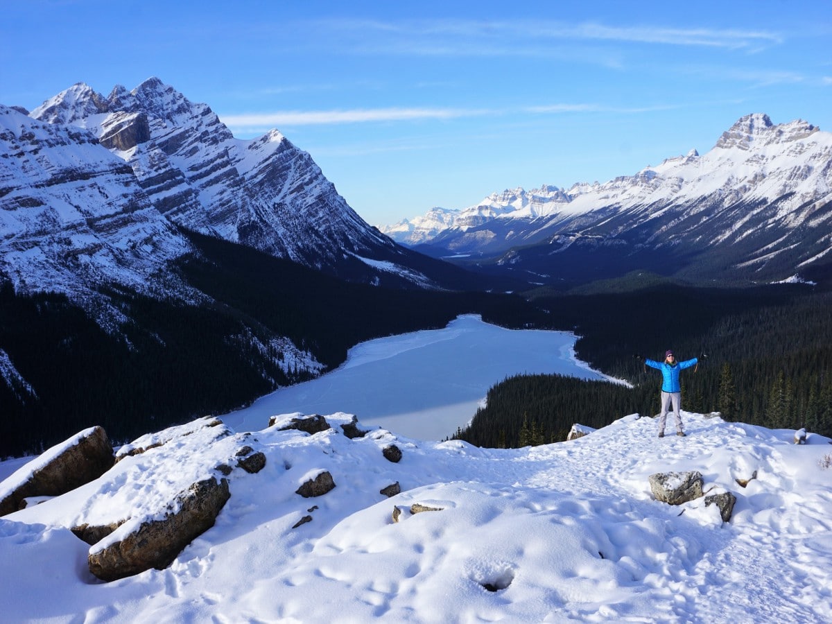 Peyto Lake Viewpoint in Winter on a hike from Icefields Parkway, near Banff National Park