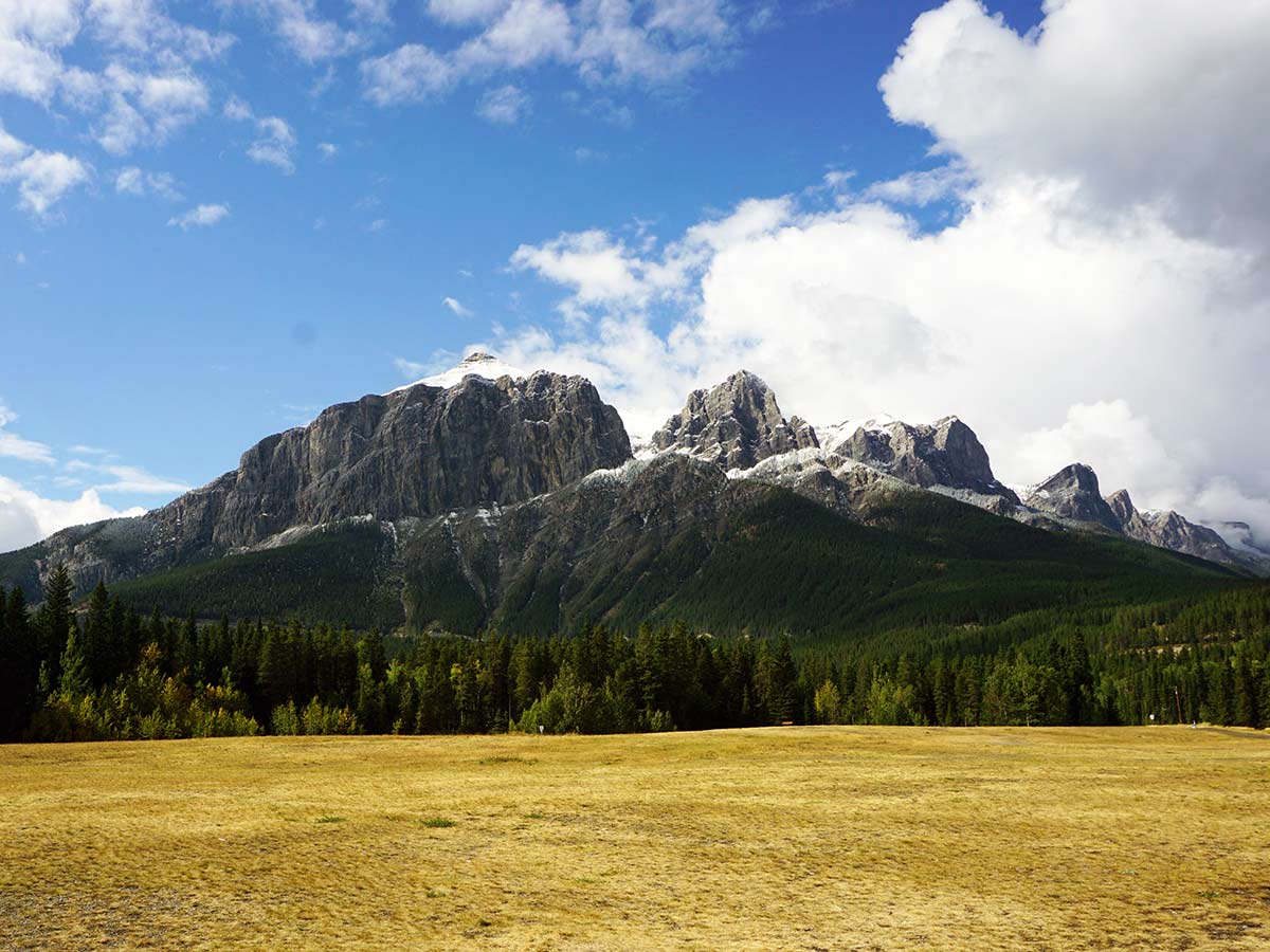 View of Rundle from Quarry Lake hike in Canmore, Alberta