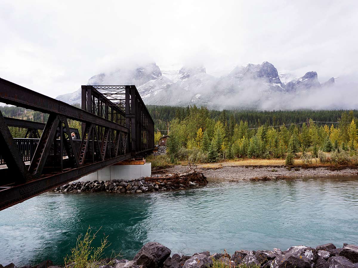 Views from the bridge on the Main Street, Bow River and the Rail Bridge Hike in Canmore, Alberta