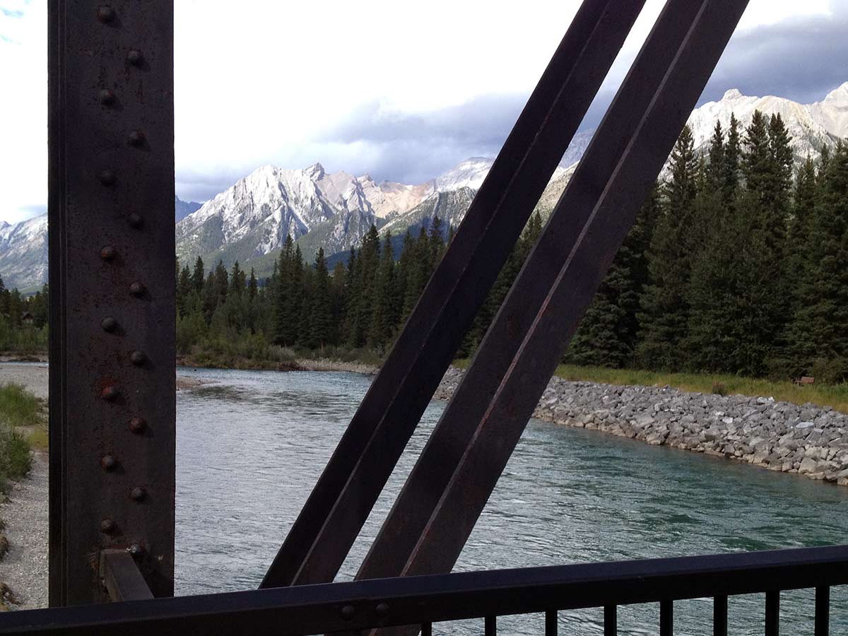 The view from the Canmore Engine Bridge on Main Street, Bow River and the Rail Bridge Hike in Canmore