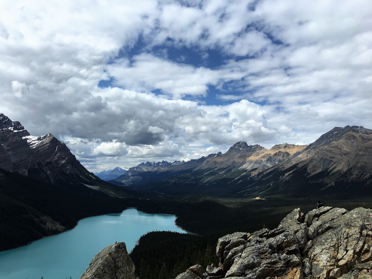 Panorama of the Canadian Rockies from the Peyto Lake Viewpoint Hike from Icefields Parkway, near Banff National Park