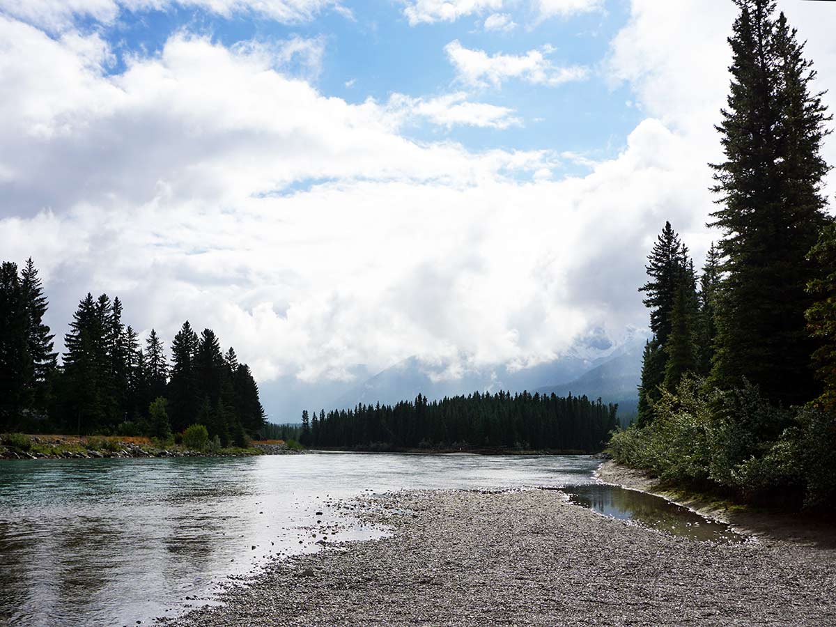 Family friendly trail of the Main Street, Bow River and the Rail Bridge Hike in Canmore, Alberta