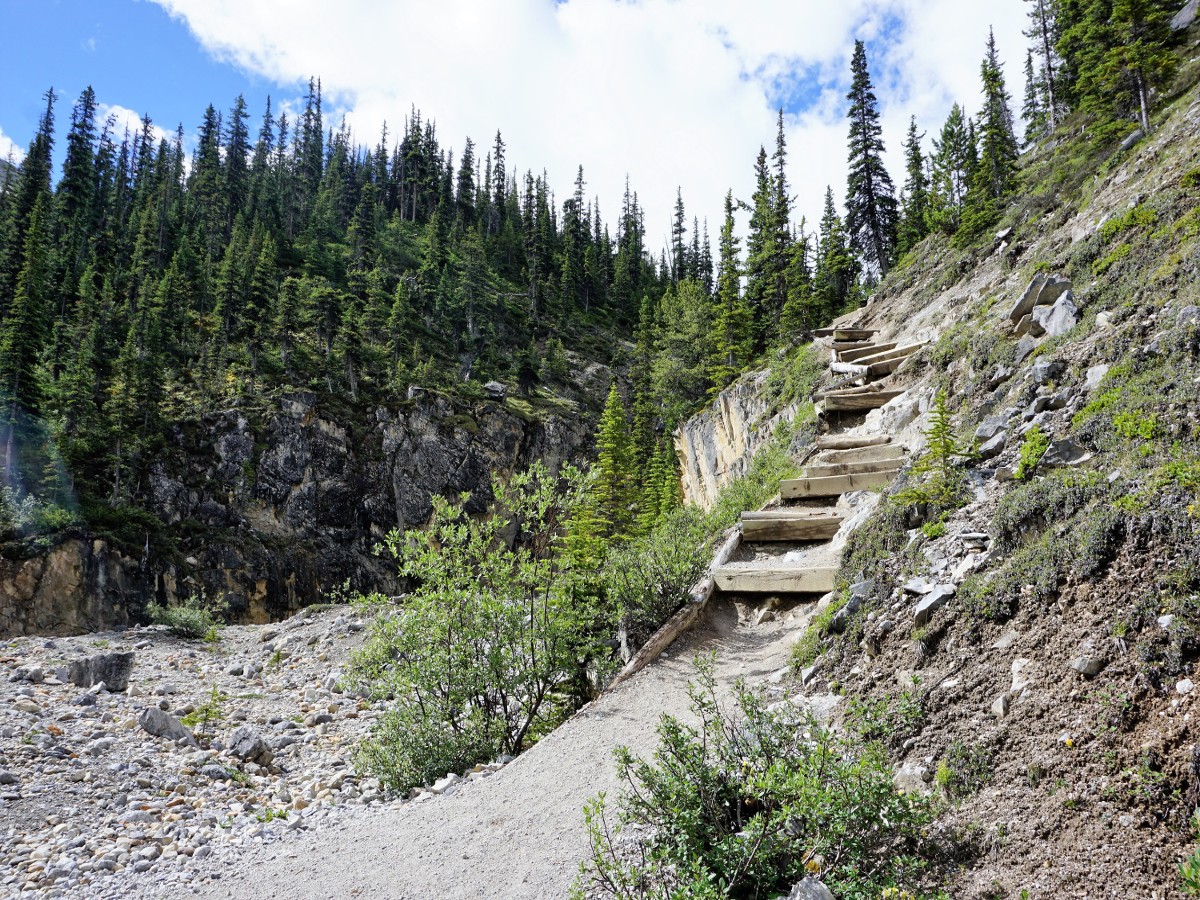 The stairs to the falls on the Bow Glacier Falls Hike from the Icefields Parkway near Banff National Park