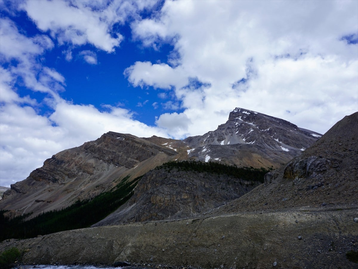 Views on the path of the Bow Glacier Falls Hike from the Icefields Parkway near Banff National Park