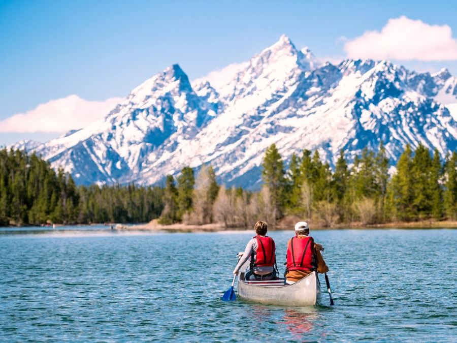 Canoeing on Jackson Lake in Grand Teton National Park, USA