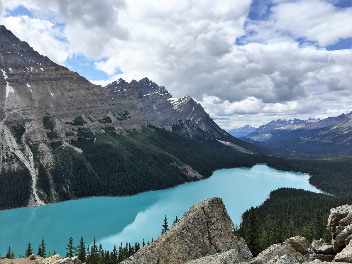 The incredible blues of the Peyto Lake Viewpoint from the trail near Icefields Parkway, Alberta, Canada