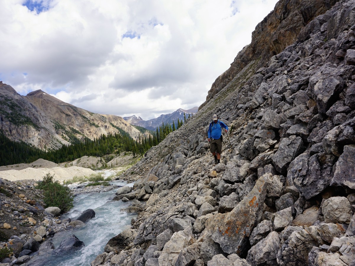 Walking on Talus on the way to the Bow Hut Hike from Icefields Parkway in Banff National Park