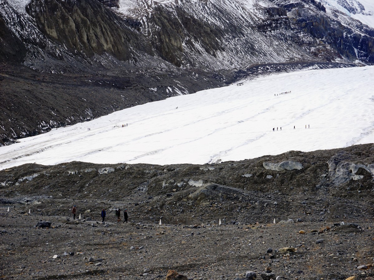 Hikers and mountaineers on the Toe of the Athabasca Glacier Hike in Jasper National Park