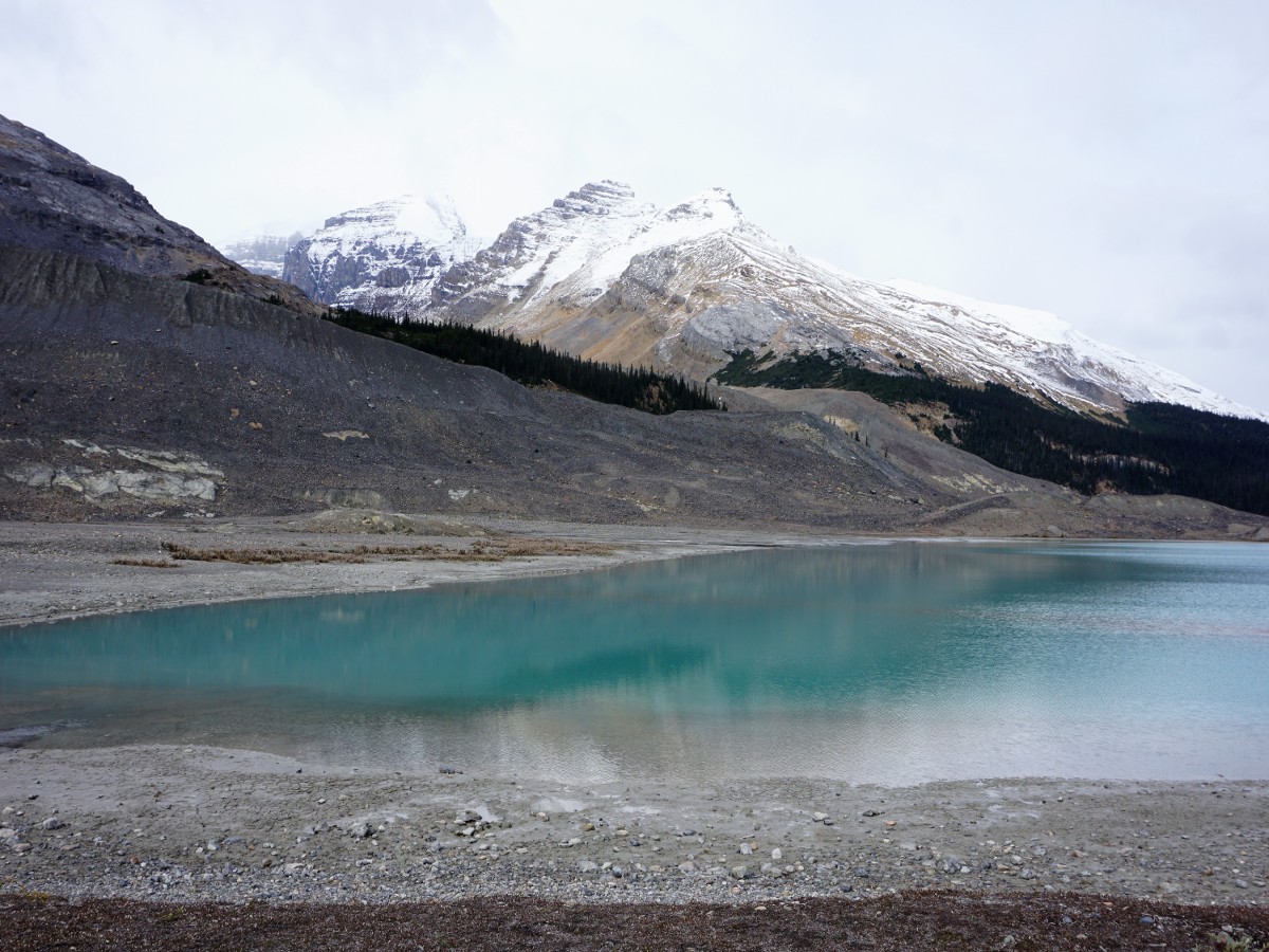 Views from the lake by the parking lot on the Toe of the Athabasca Glacier Hike in Jasper National Park