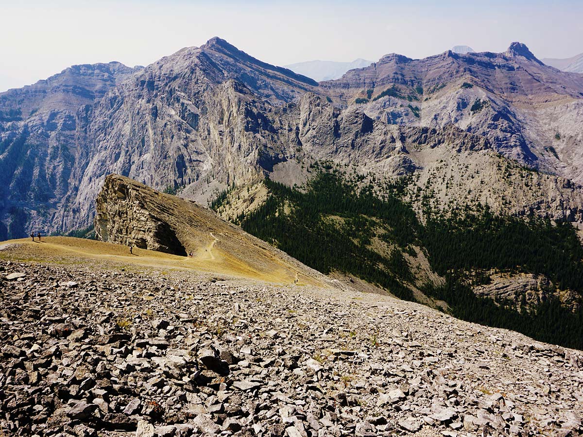 Trail down from the summit of the Mt. Yamnuska Circuit Hike in Canmore, Alberta