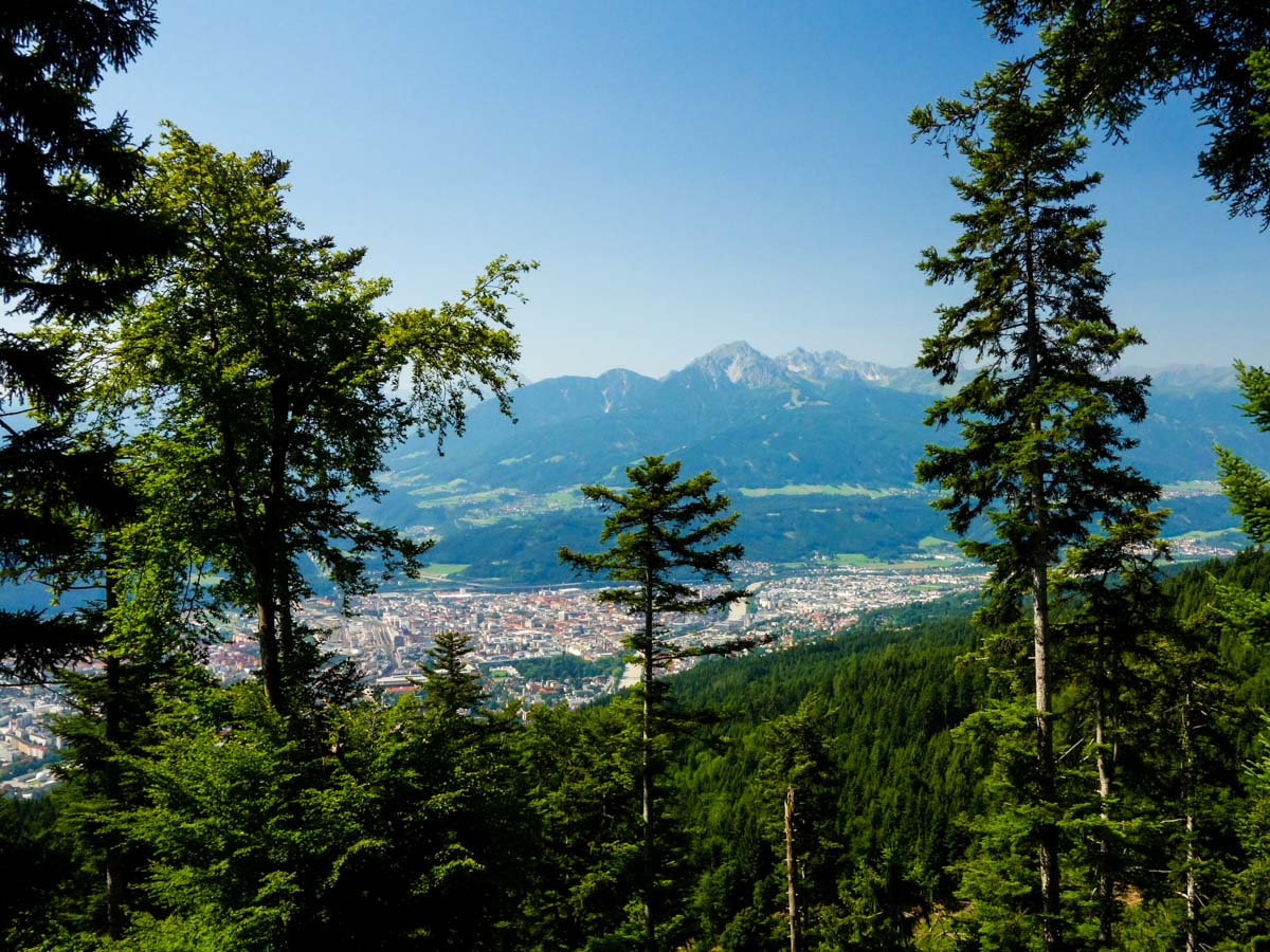 Innsbruck from a forest clearing on the Goetheweg Hike in Innsbruck, Austria