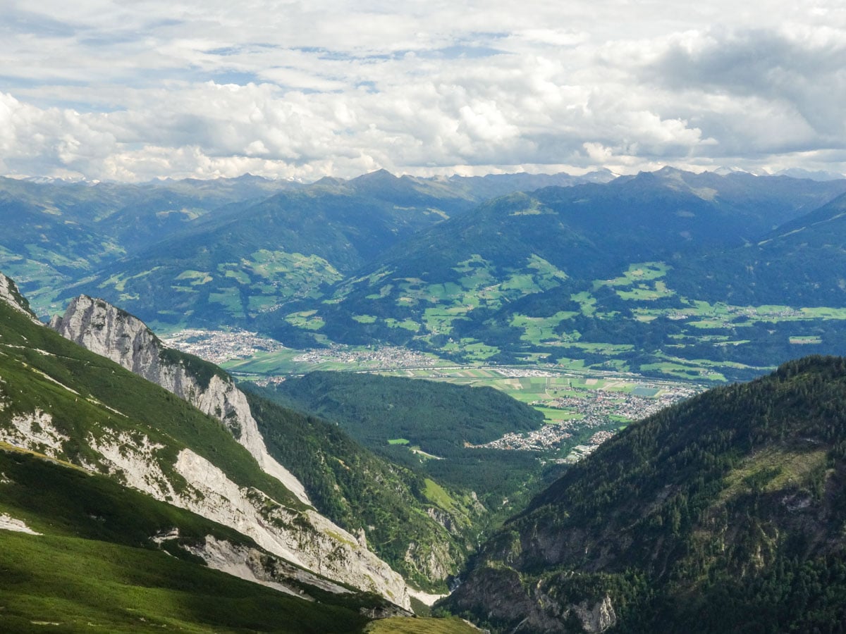 The little town Hall in the distance on the Halltal Hike in Innsbruck, Austria