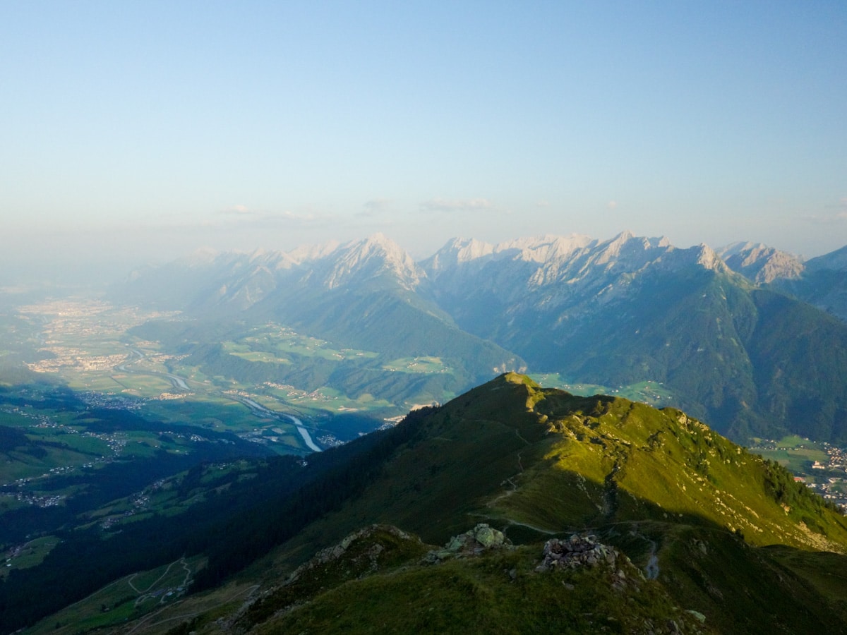 View of Inntal from the east on the Kellerjoch Loop Hike in Innsbruck, Austria