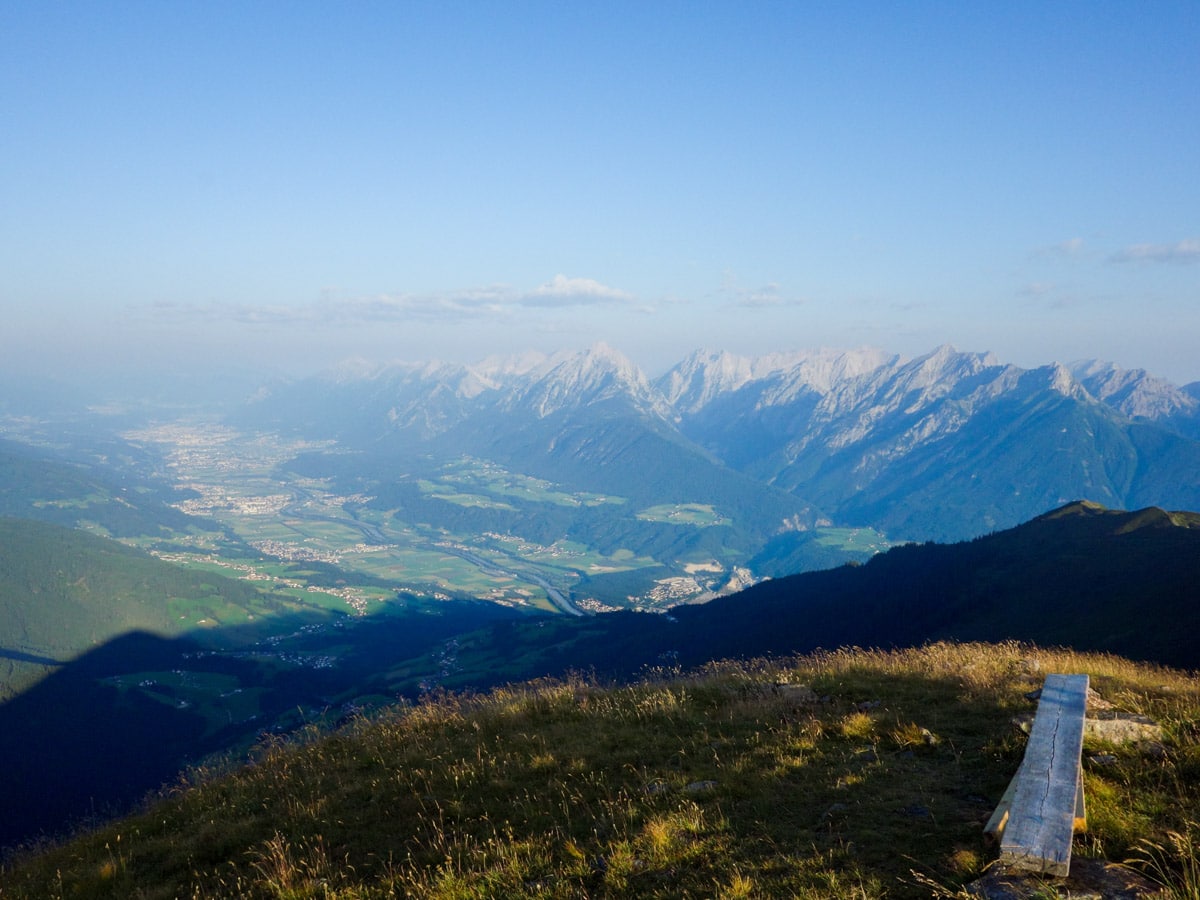 Panorama as seen from nearby peak Kuhmesser on the Kellerjoch Loop Hike in Innsbruck, Austria