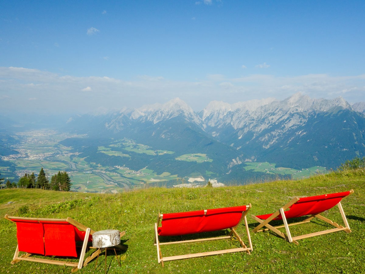 Relaxing beach chairs at the end of the Kellerjoch Loop Hike in Innsbruck, Austria