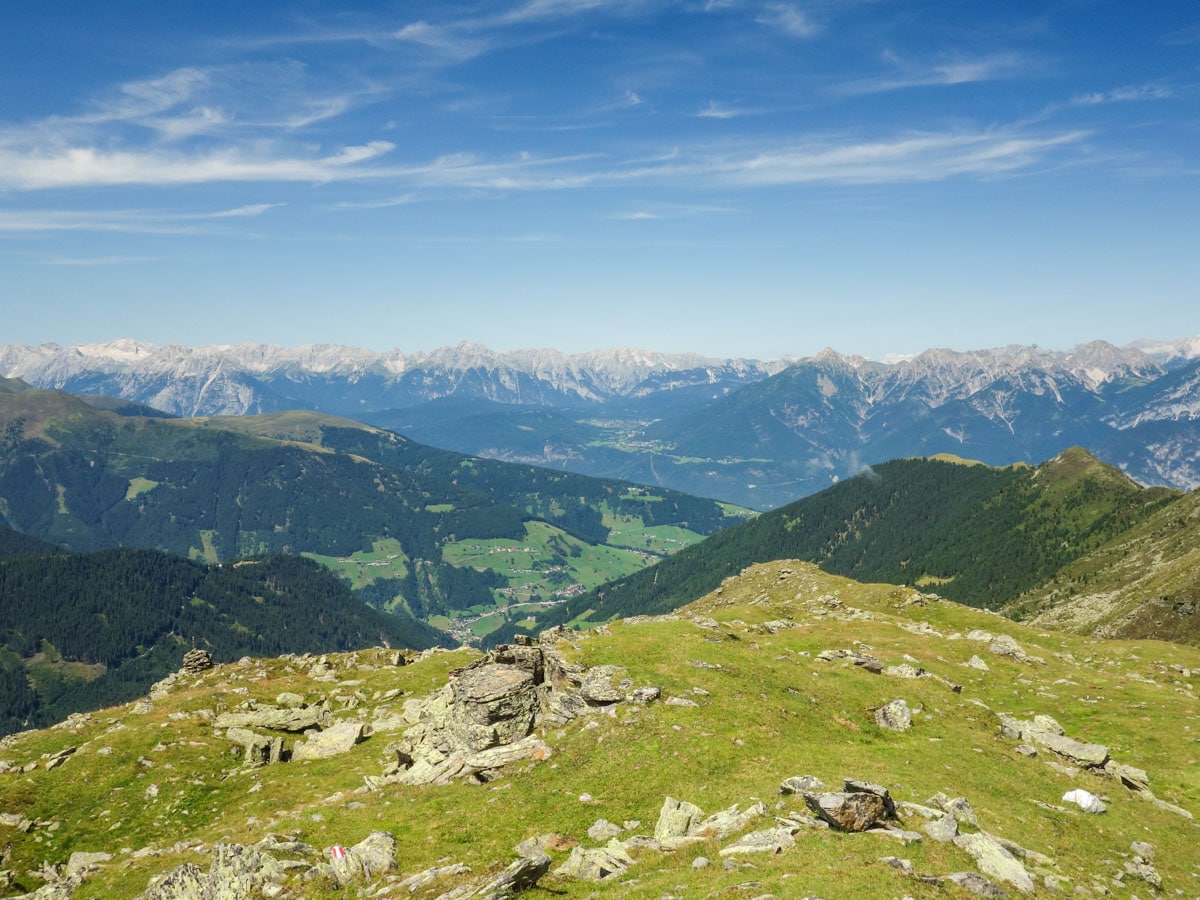 View from peak Angerberg Kogel on the Schafler Kogel Loop Hike in Innsbruck, Austria