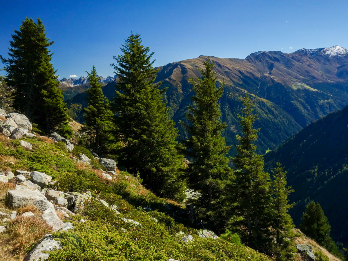 Beautiful valleys below the trail of Sellraintaler Höhenweg Hike in Innsbruck, Austria