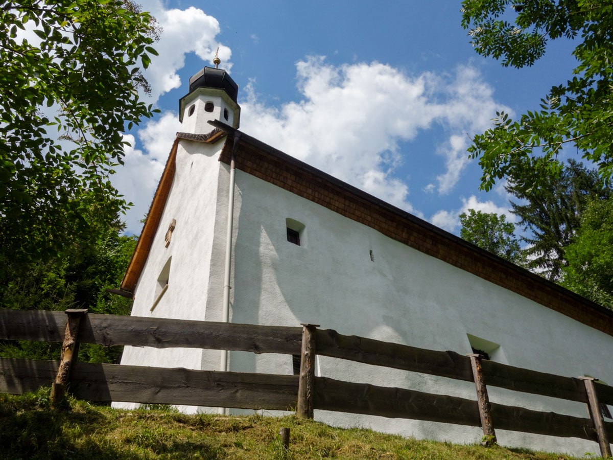 An old chapel hidden in the forest on the Wolfsklamm Hike in Innsbruck, Austria