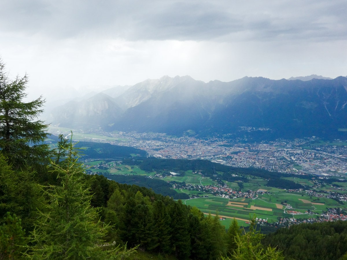 Rain over Innsbruck on the Zirbenweg Hike in Innsbruck, Austria