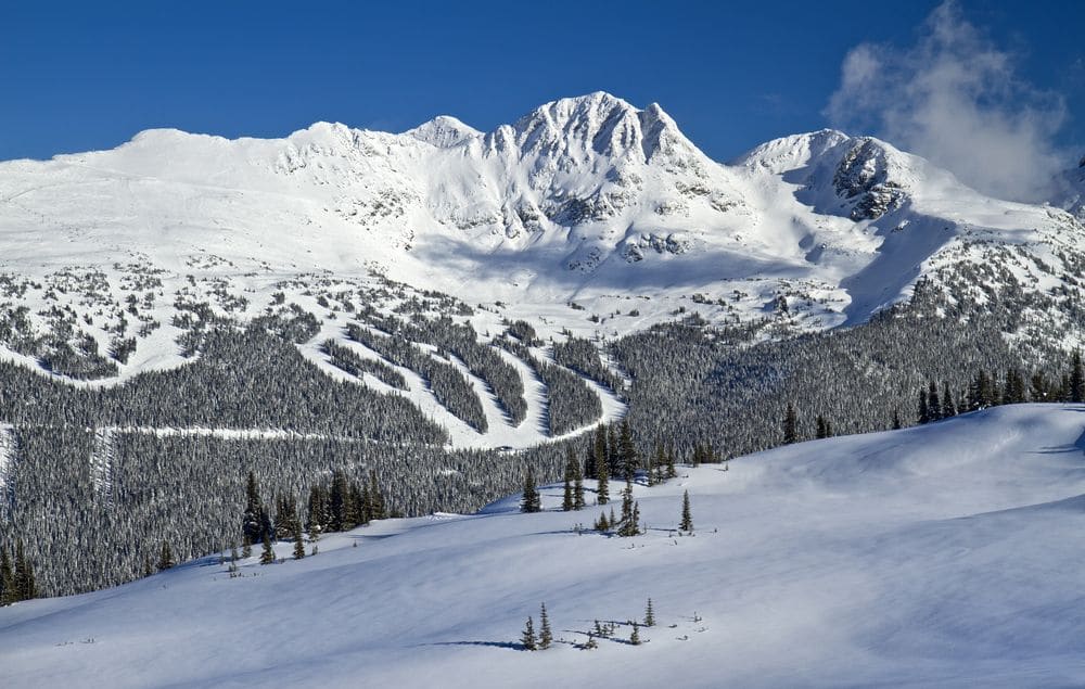 Blackcomb Mountain as seen from Whistler Mountain on a winter weekend