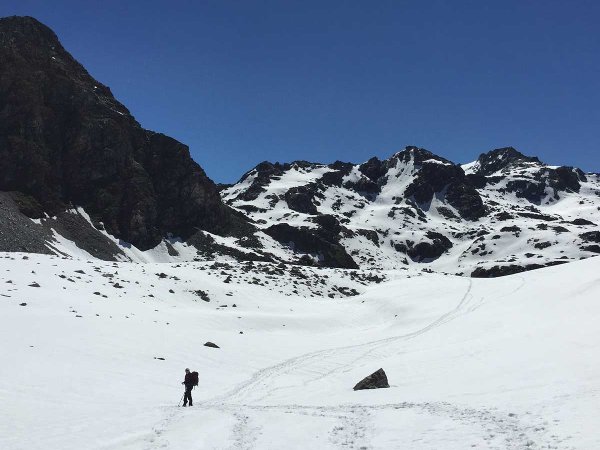Snow between Cabane Mont Fort and Cabane Prafleuri on the Walkers Haute Route from Chamonix to Zermatt