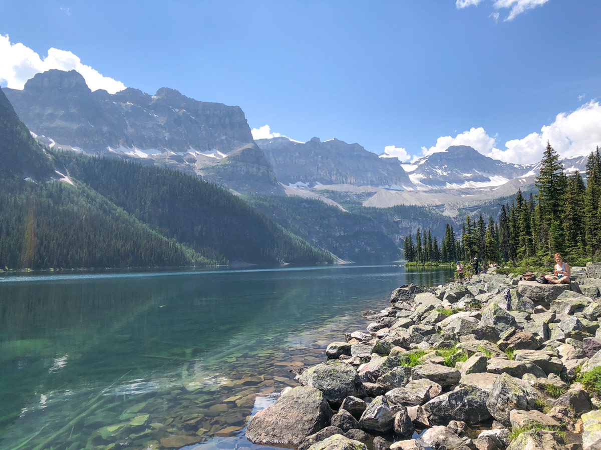 Lake with the mountains behind on the Boom Lake Hike near Banff, Alberta