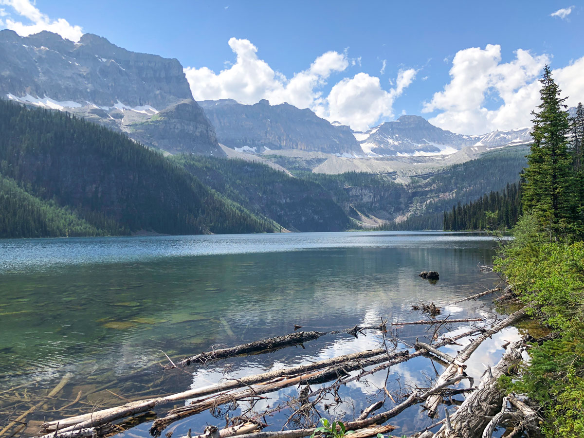 Pretty views of the far end of the lake on the Boom Lake Hike near Banff, Alberta