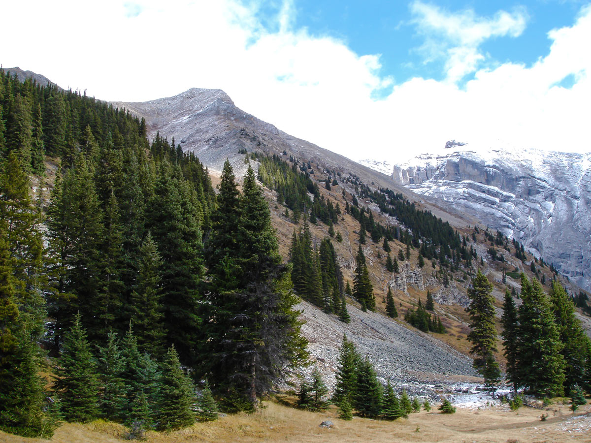 Pretty views after the first snow on the Cascade Amphitheatre Hike near Banff, Alberta