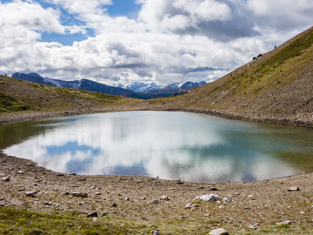 View south across the lake from the Bourgeau Lake / Harvey Lake / Harvey Pass Hike in Banff, Alberta