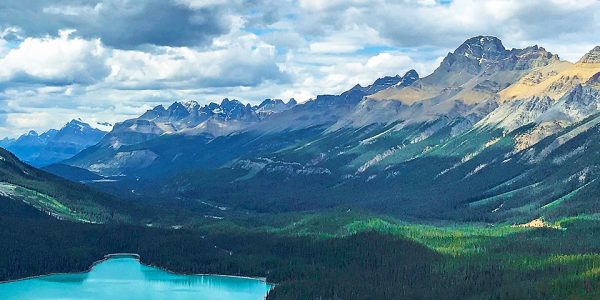 Panorama of the Peyto Lake Viewpoint hike from Icefields Parkway, the Canadian Rockies