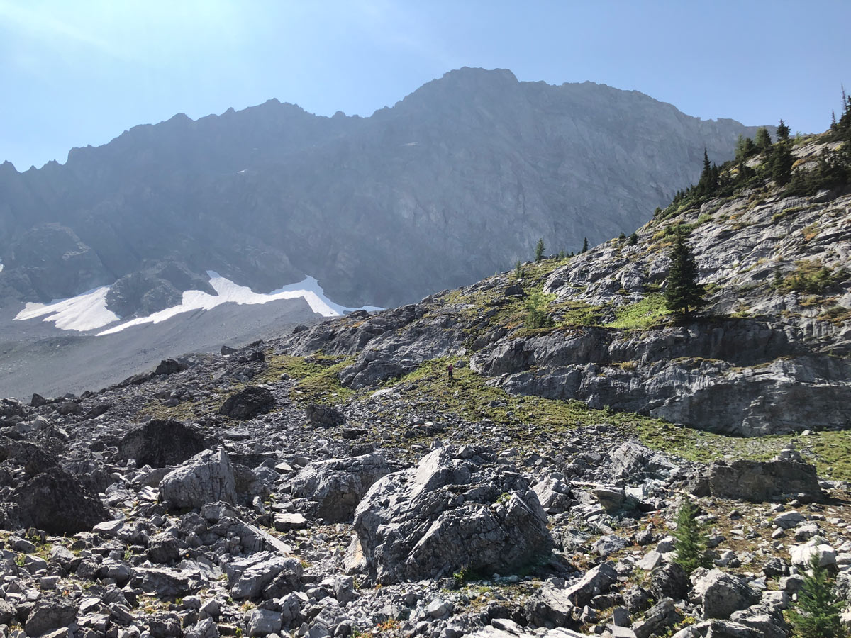 Walking through the rocks on the Black Prince Lakes and Cirque Hike near Smith-Dorrien Trail in Kananaskis, near Canmore