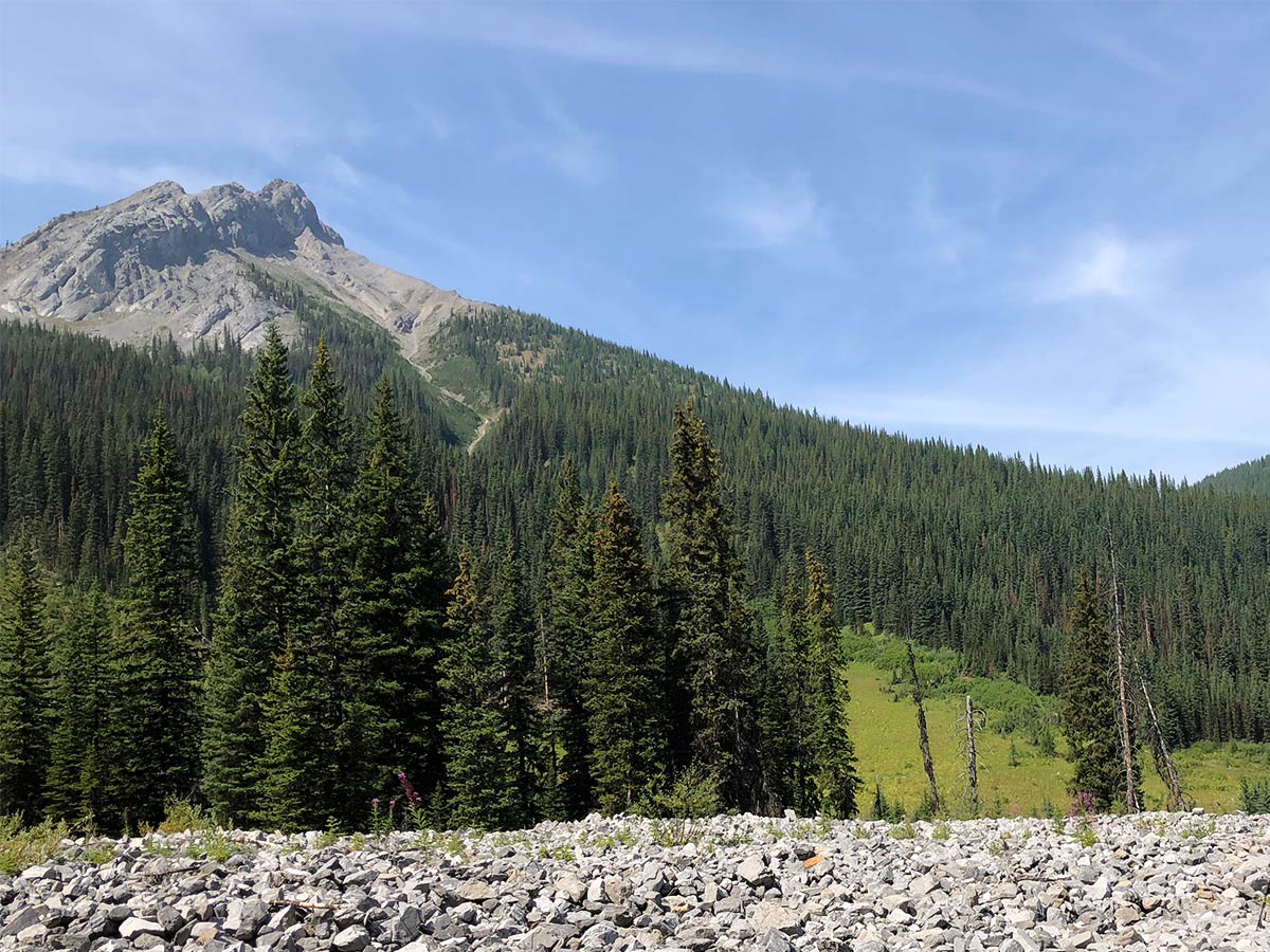 Trail on the boulder field on the Black Prince Lakes and Cirque Hike near Smith-Dorrien Trail in Kananaskis, near Canmore