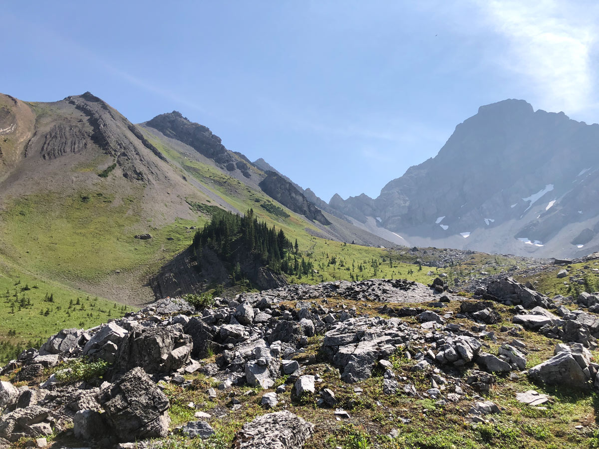 View from the meadow on the Black Prince Lakes and Cirque Hike near Smith-Dorrien Trail in Kananaskis, near Canmore