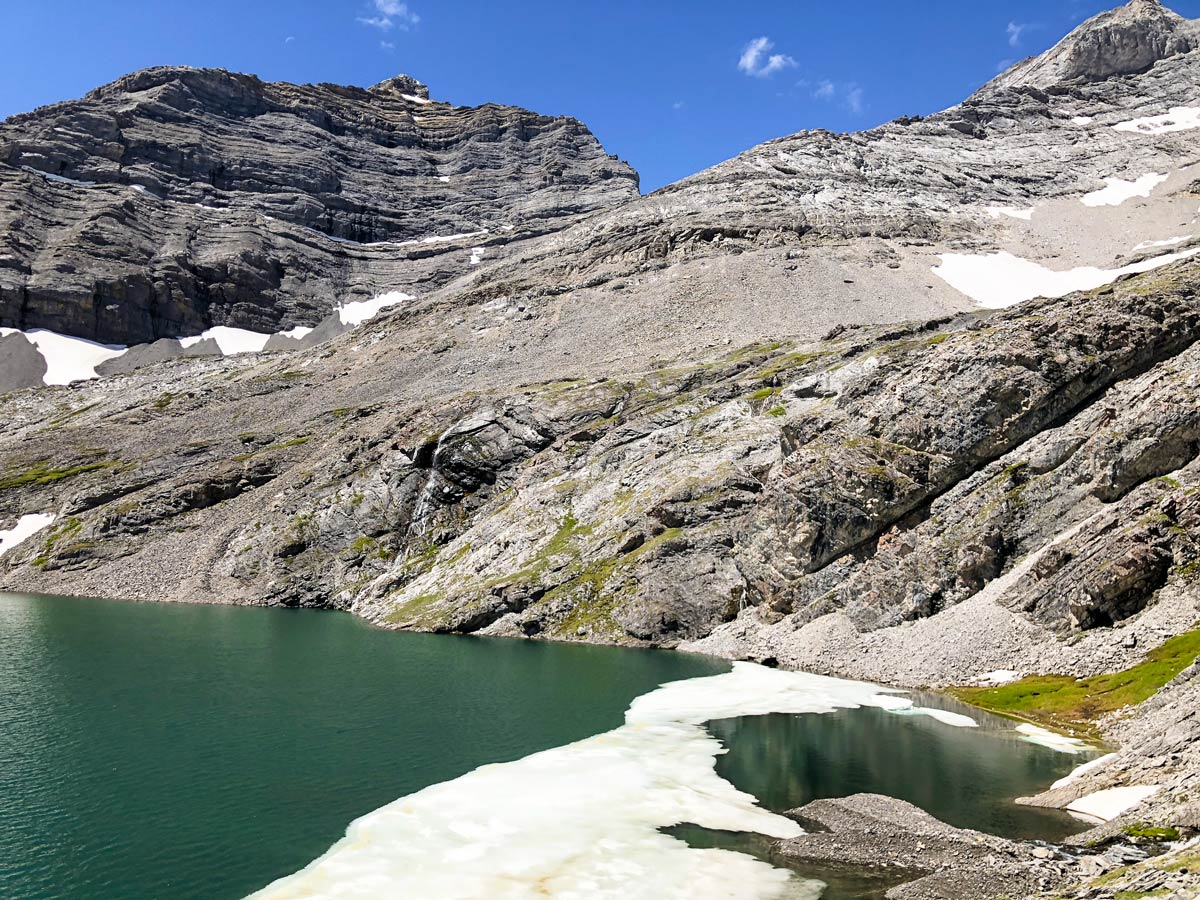 Ice on the lake on the Headwall Lakes Hike near Smith-Dorrien Trail in Kananaskis, near Canmore