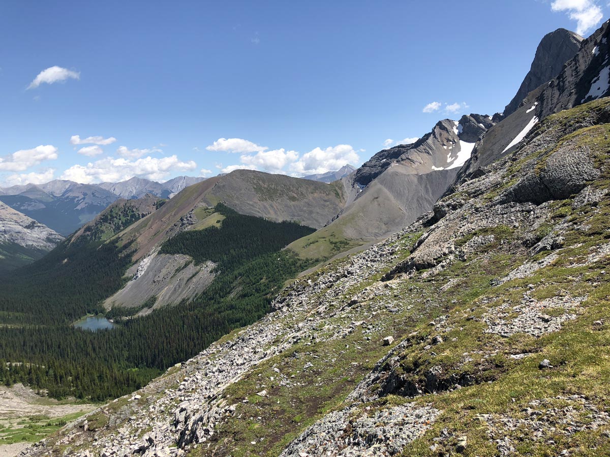 Lost Lake below the pass on the Rummel Pass Hike near Smith-Dorrien Trail in Kananaskis, near Canmore