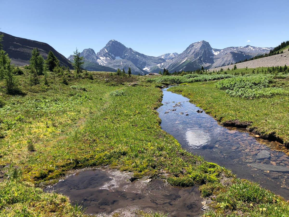 Valley above the lake on the Rummel Pass Hike near Smith-Dorrien Trail in Kananaskis, near Canmore