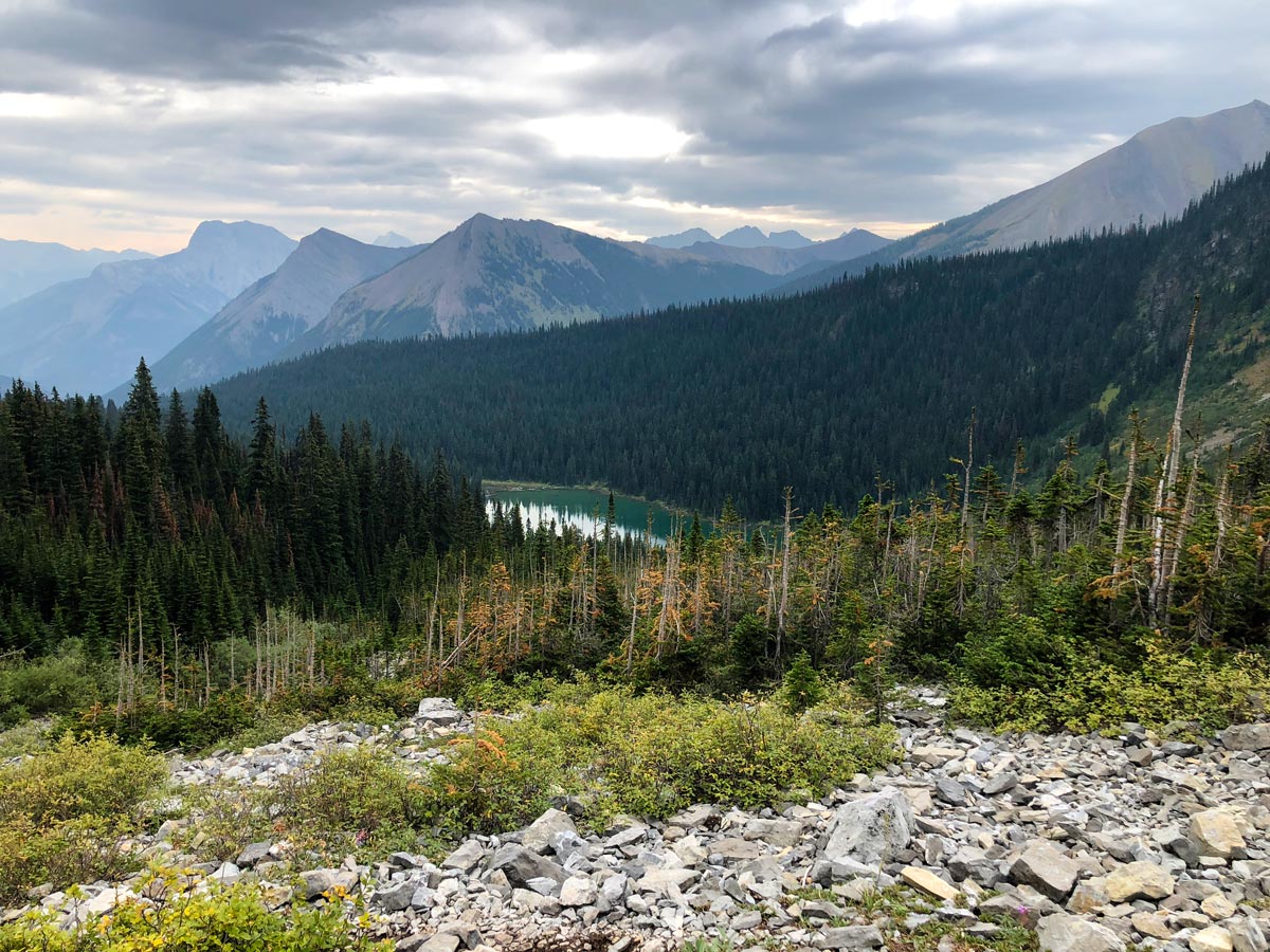 Looking down on Lillian Lake on the Lillian and Galatea Lakes Hike in Kananaskis, near Canmore