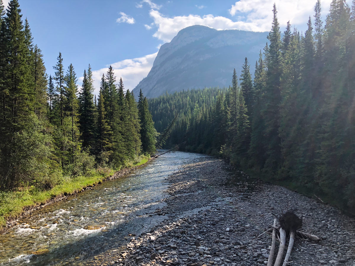 Crossing the bridge on the Lillian and Galatea Lakes Hike in Kananaskis, near Canmore