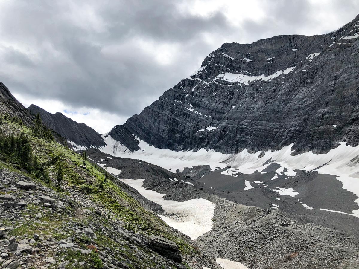 The moraine and the glacier on the Old Goat Glacier Hike near Smith-Dorrien Trail in Kananaskis, near Canmore