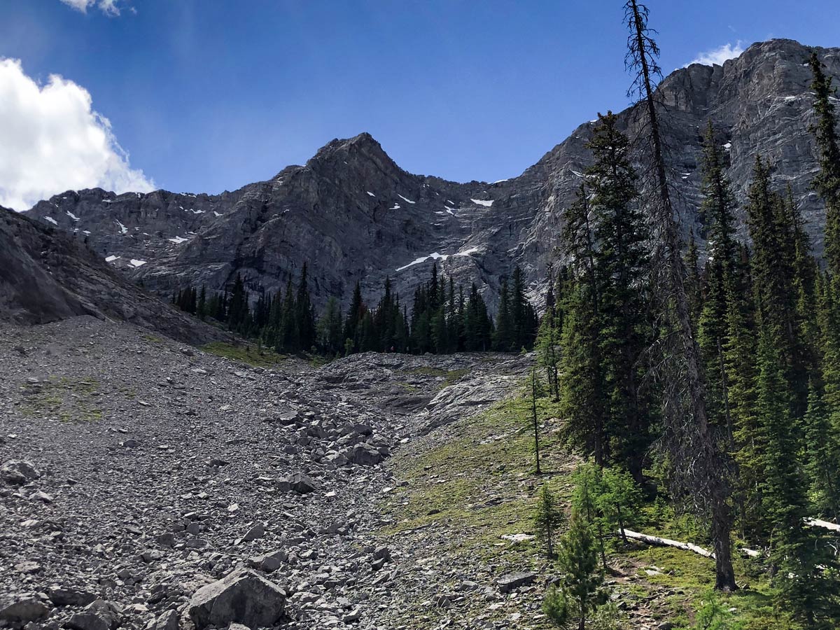 Steep rocky path of the Old Goat Glacier Hike near Smith-Dorrien Trail in Kananaskis, near Canmore