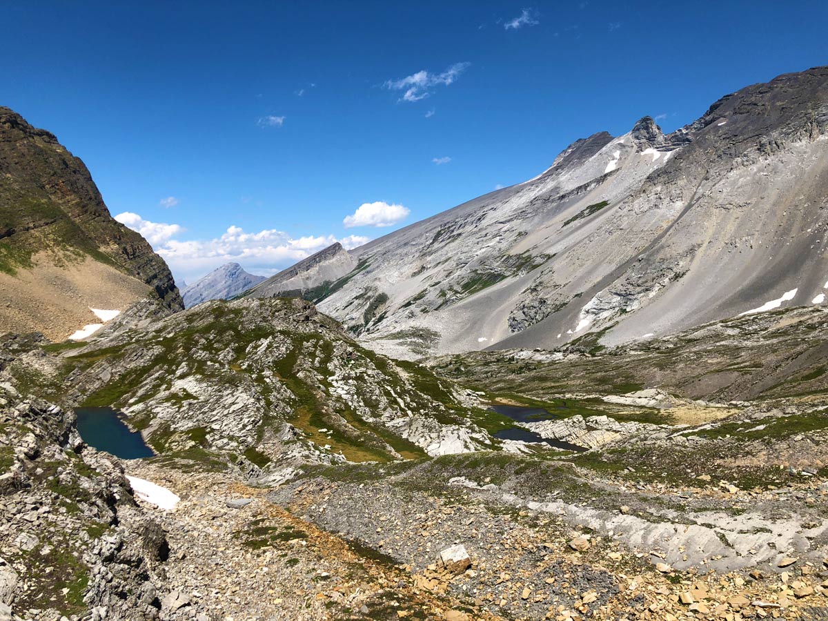 View down the valley on the Sparrowhawk Tarns Hike near Smith-Dorrien Trail in Kananaskis, near Canmore