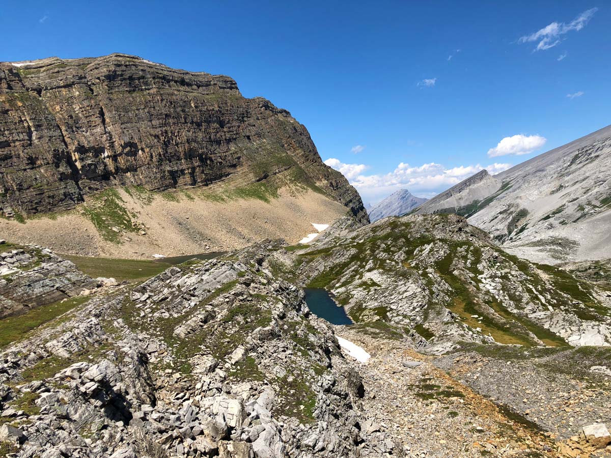 View down from the Sparrowhawk Tarns Hike near Smith-Dorrien Trail in Kananaskis, near Canmore