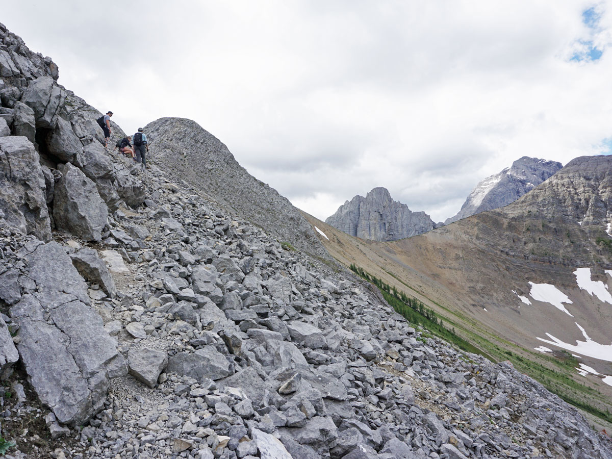 Scree path on the route of the Tent Ridge Horseshoe Hike near Smith-Dorrien Trail in Kananaskis, near Canmore
