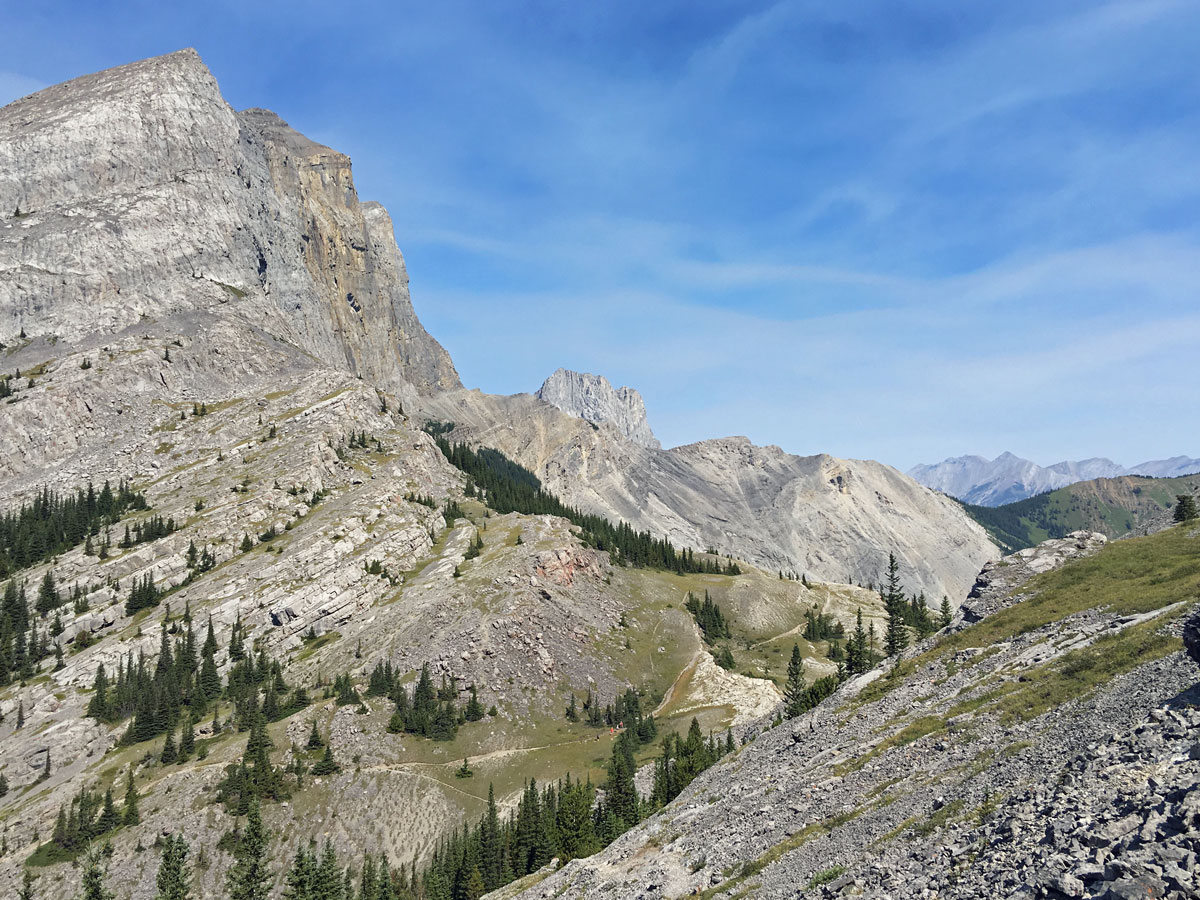 Views to the pass on the Windtower Hike near Smith-Dorrien Trail in Kananaskis, near Canmore