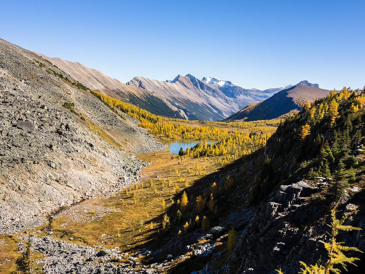 Views of the lake the Redoubt Lake via Boulder Pass Hike from Lake Louise in Banff National Park