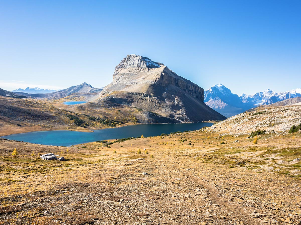 Ptarmigan and Redoubt Lakes from Packers Pass on the Skoki Lakes Hike from Lake Louise in Banff National Park